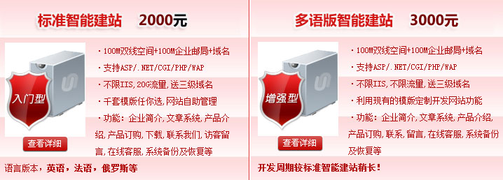 標(biāo)準(zhǔn)智能建站2000元，多語版智能建站3000元100M雙線空間+100M企業(yè)郵局+域名·支持ASP/.NET/CGI/PHP/WAP·不限IIS,不限流量。智能建站系統(tǒng)“魔方”價格介紹! 熱線電話：400-697-8610 01062199213